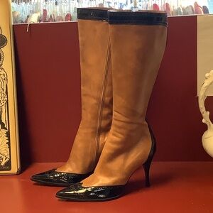 Chic Tan and Black Heeled Boots